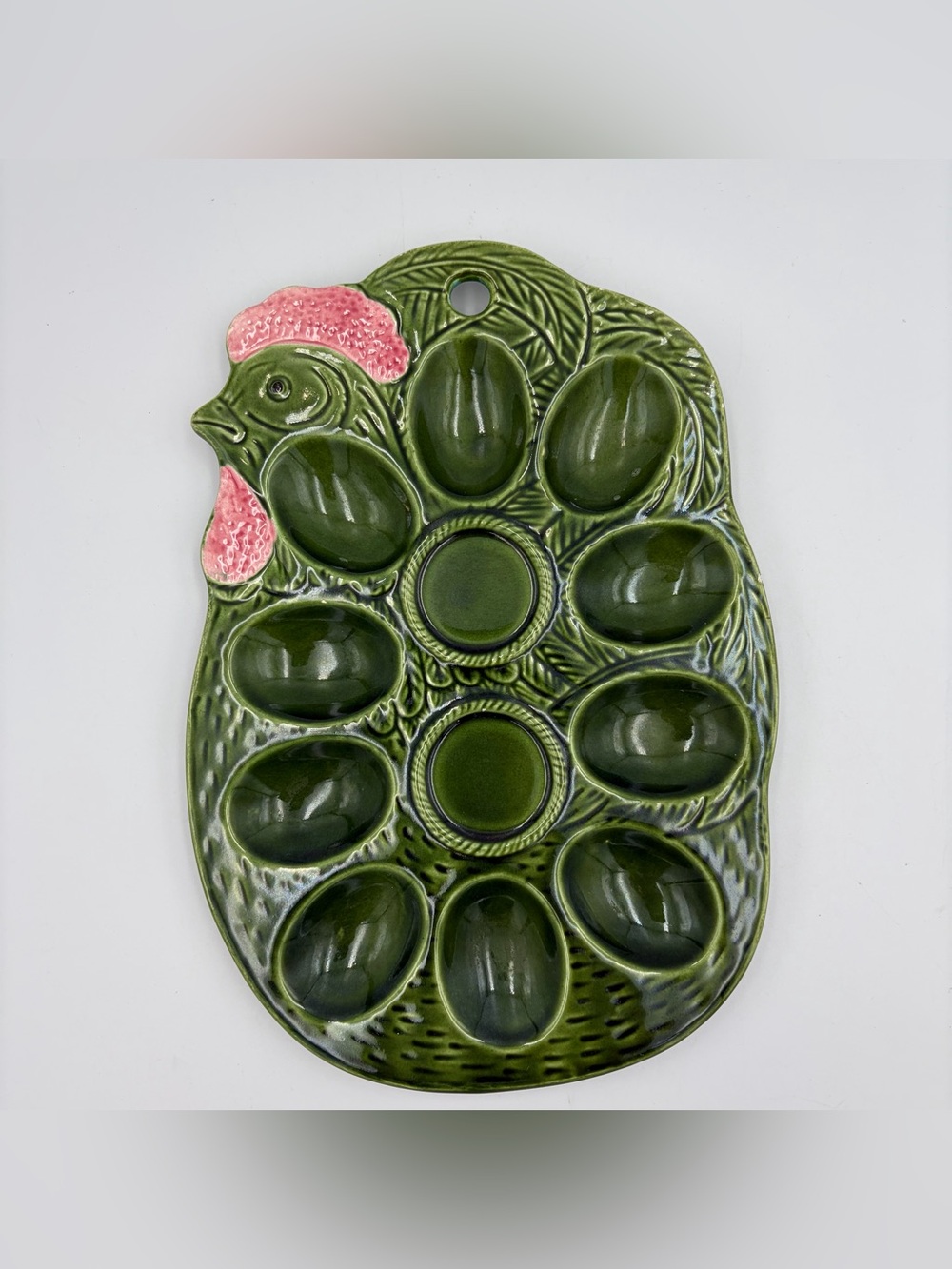 Vtg Kitsch Green chicken egg plate kitchen cottage farmhouse GrandmaCore Boho
